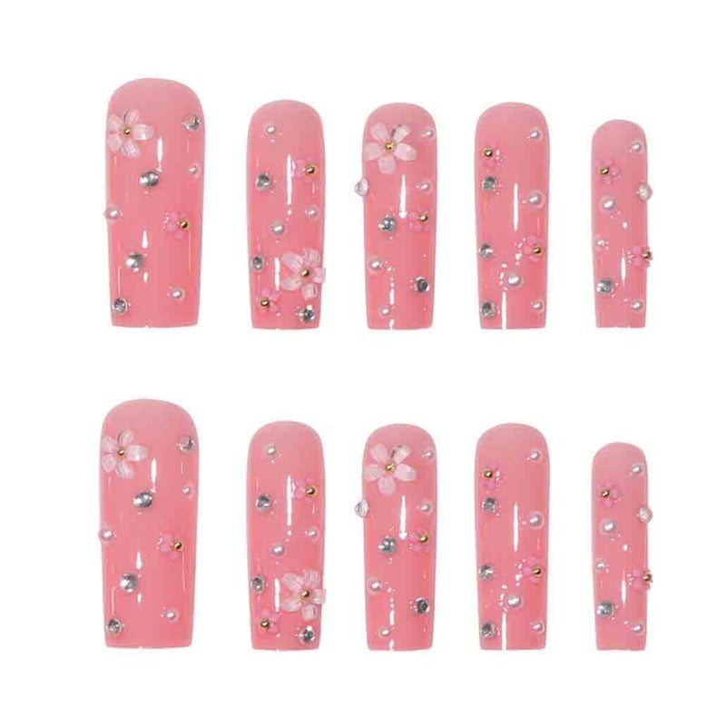 Foccna Pink Press on Nails Long 3D Flower Fake Nails Square Bling Glossy Rhinestone False Nail Tips Artificial Nails Finger Manicure for Women and Girls,24pcs - Image 3